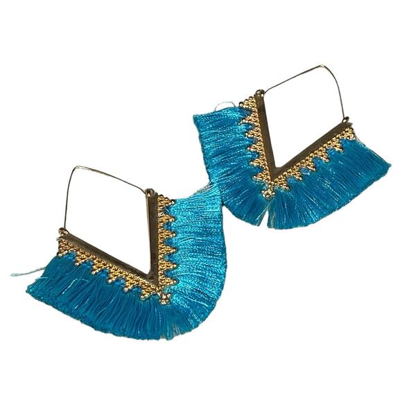 Triangle Blue Fringe Dangle Earrings Gold Tone Boho Style Aztec Design - Picture 6 of 7